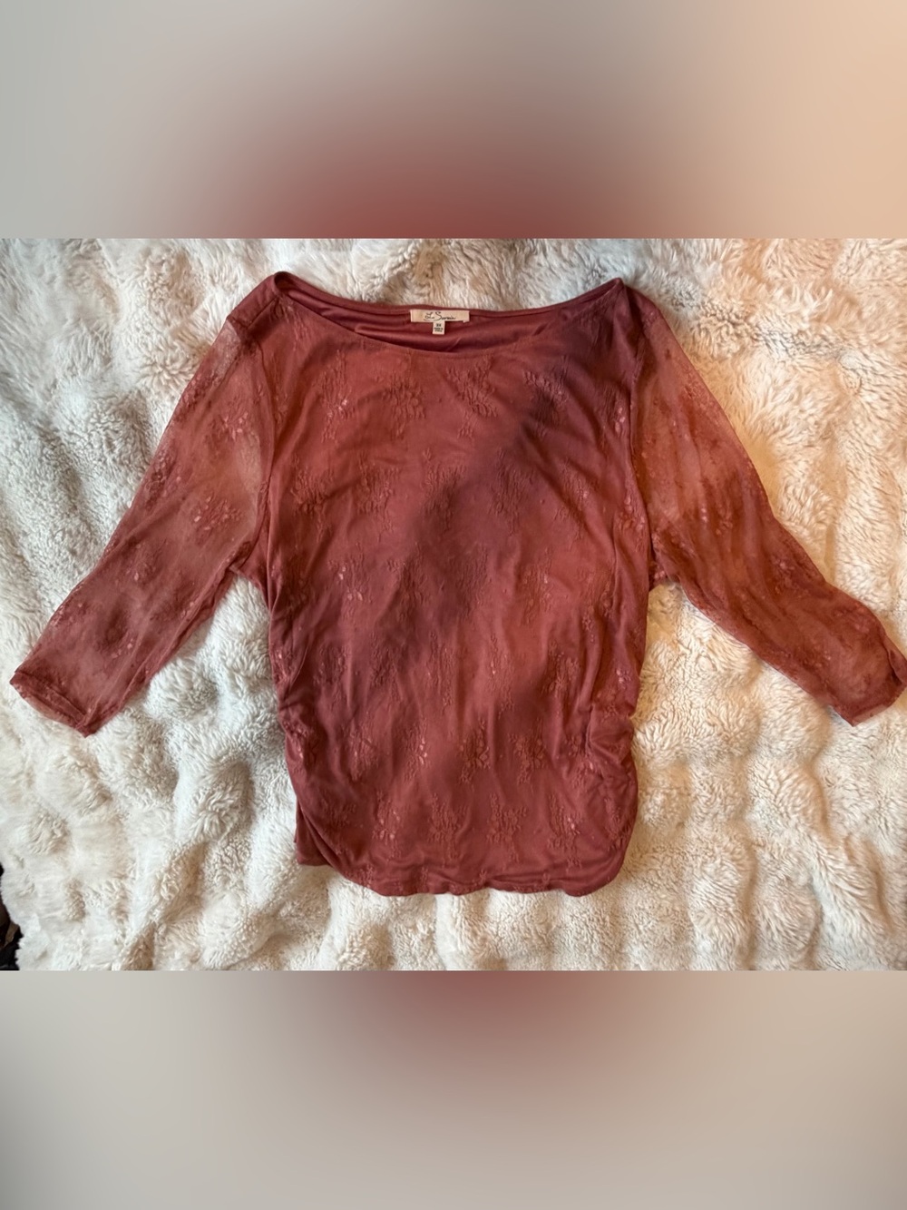 Les Serein 3X Rust Lace Mesh Ruched 3/4 Sleeve Top Plus Size